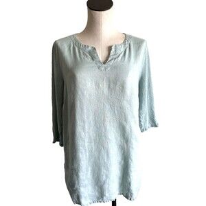 J. Jill Love Linen Top 100% Linen Mint Green Mix Tunic Shirt V-Neck LargeL